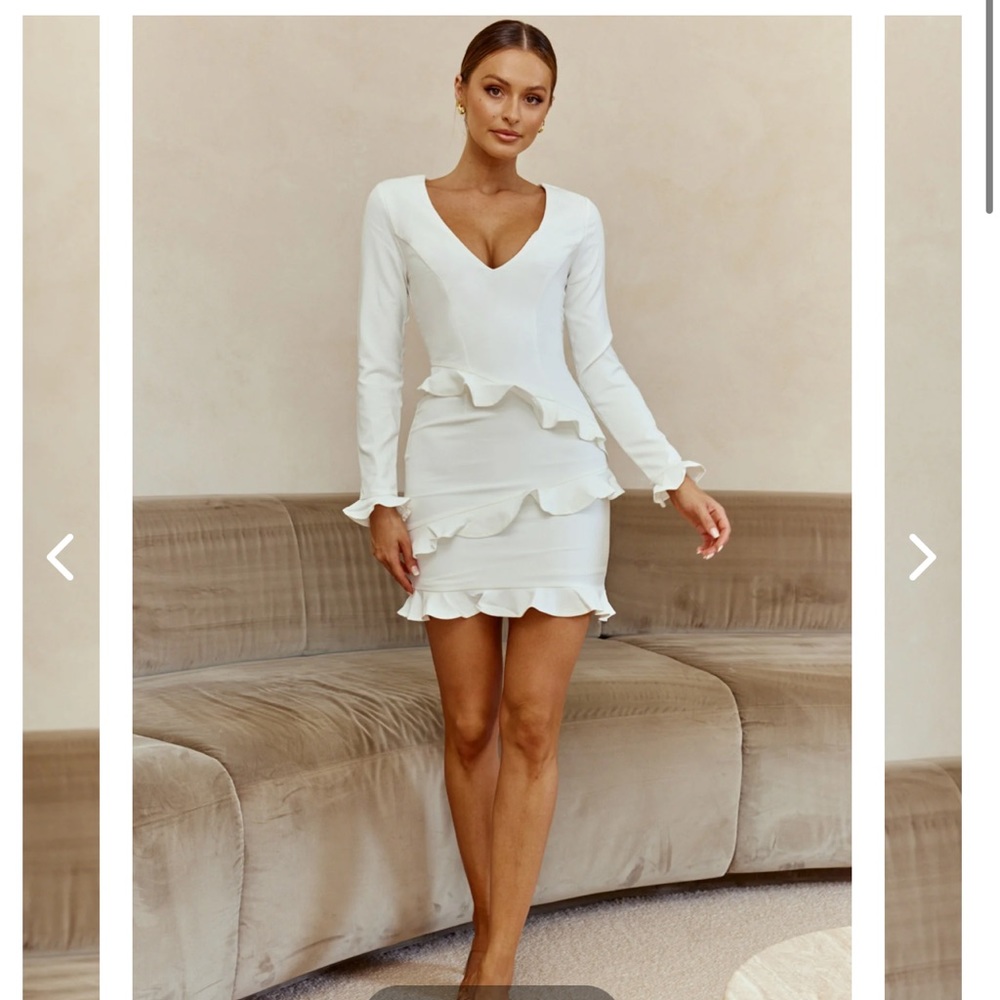 White ruffle dress. Long sleeve. Short. Medium.